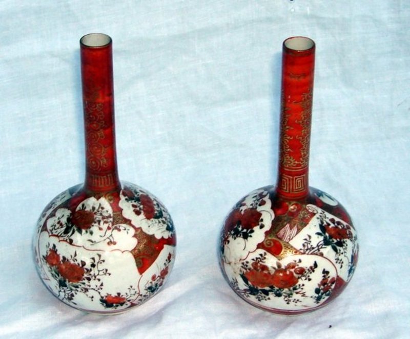 Antique Japanese Kutani Vases - Signed Pair