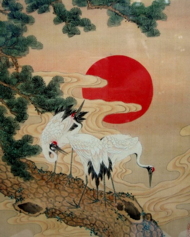 Antique Japanese Meiji Silk Painting Cranes Signed