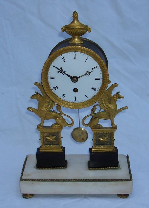 French Bronze Griffin Clock 18th C. Silk Suspension