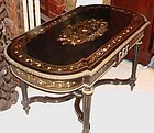 Antique French Table Inlaid Brass MOP Ebonized 19th C.