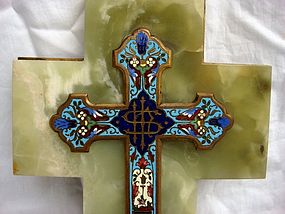 Antique French Cross Champleve Onyx Holy Water Font