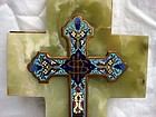 Antique French Cross Champleve Onyx Holy Water Font