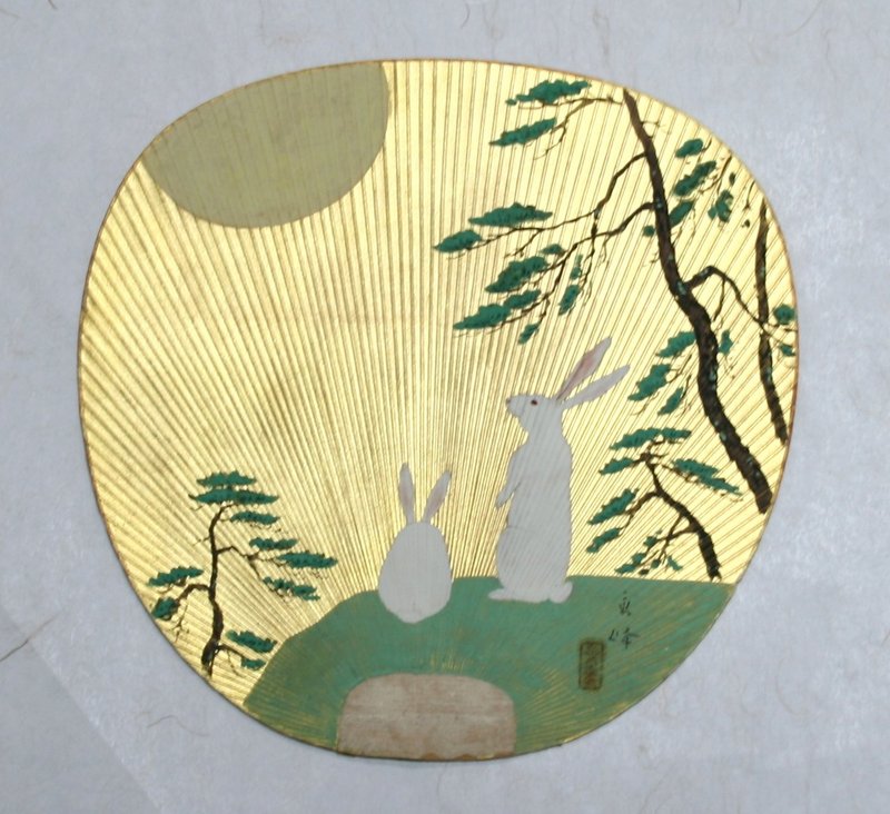 Pair of uchiwa (fan), Moon and Rabbits on Gold Leaf