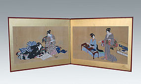 Japanese Antique Ukiyo-e Folding Screen, Beauties