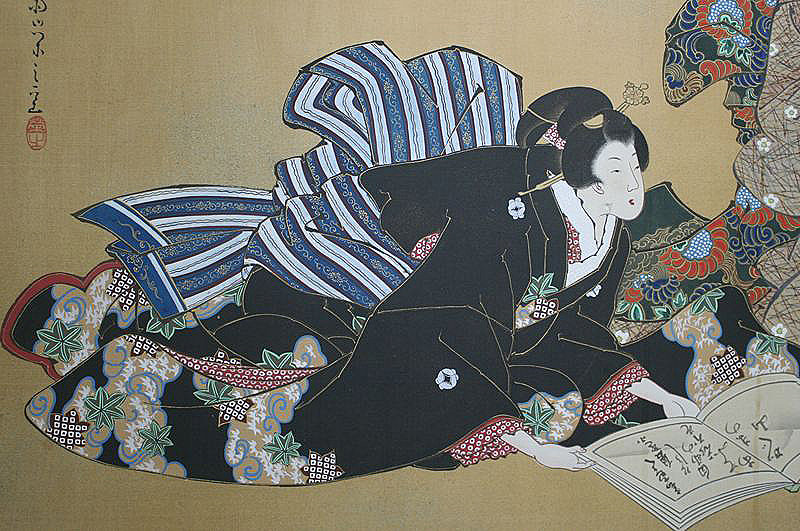 Japanese Antique Ukiyo-e Folding Screen, Beauties
