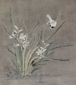 Antique Japanese Painting Bird and Flower by Kano Koi