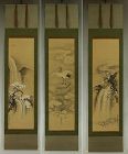 SET Antique Japanese Scroll Painting Cherry Blossoms and Crane,19th C.