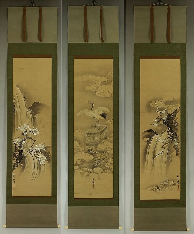 SET Antique Japanese Scroll Painting Cherry Blossoms and Crane,19th C.