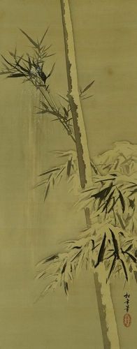 Antique Japanese Wall Hanging Scroll Painting Bamboo in Snow, 19th C.