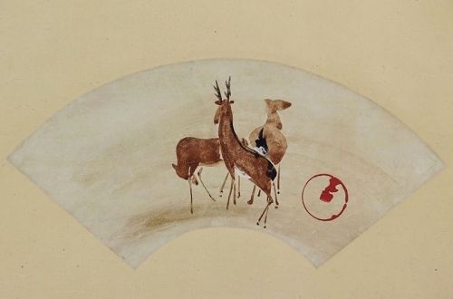 Antique Japanese Wall Hanging Scroll Painting Deer, Late Edo period