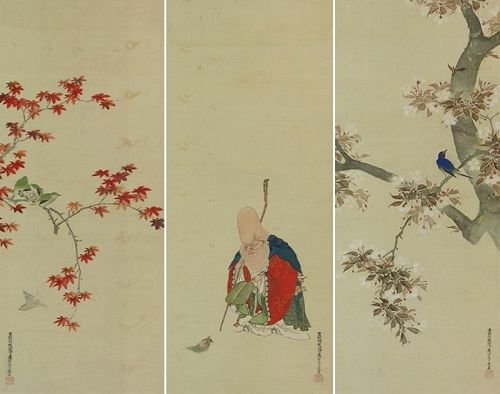 Set of Three Antique Japanese Hanging Scroll Painting Bird and Flower