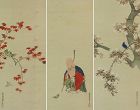 Set of Three Antique Japanese Hanging Scroll Painting Bird and Flower