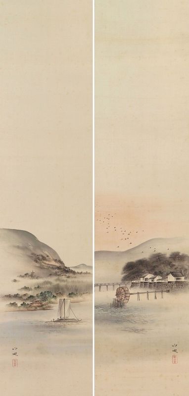 Pair Vintage Japanese Wall Hanging Decor Scroll Painting Landscape