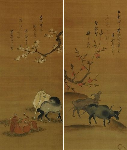 Pair Antique Japanese Wall Hanging Scroll Painting Horses and Cow