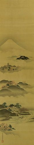 Antique Japanese Wall Decor Hanging Scroll Painting Landscape 19th C.