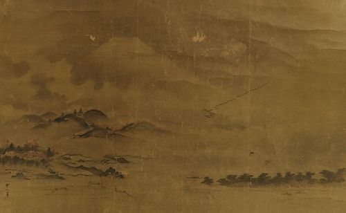 Large Antique Japanese Wall Decor Hanging Scroll Painting Mt. Fuji