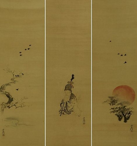 Set of Three Antique Japanese Hanging Scroll Painting Auspicious