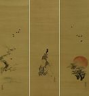Set of Three Antique Japanese Hanging Scroll Painting Auspicious Art