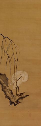 Antique Japanese Wall Decor Hanging Scroll Painting Heron, Edo period