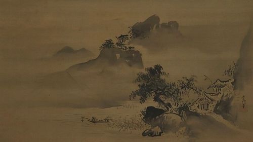 Large Antique Japanese Wall Decor Hanging Scroll Painting Landscape