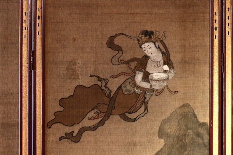 Japanese 4-Panels Screen Buddhist Painting on Silk Signed Akihura