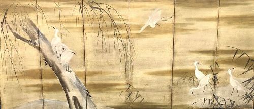 Pair ofJapanese 6-panel screen of geese and egrets