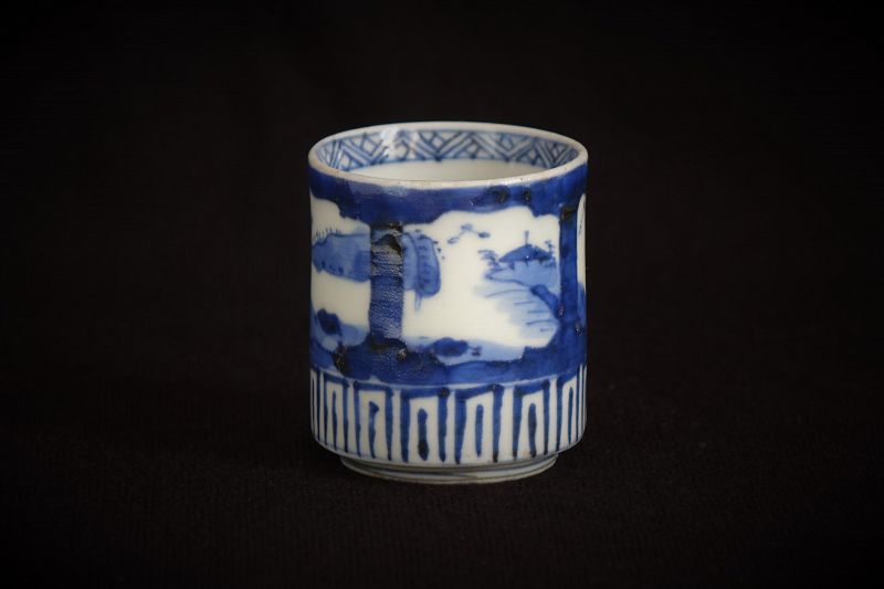 19 century Japanese Imari Blue&White Sake Cup with Landscape Design