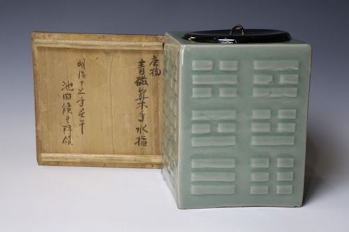 Late Edo period (19c) Ko Sanda Celadon Mizusashi from Ikeda family