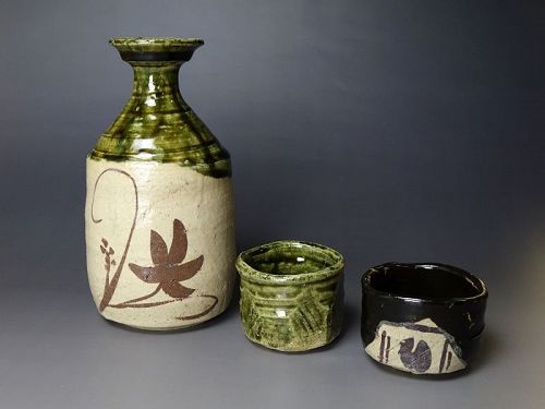 Okuiso Taigaku (b. 1965) Oribe Sake set Japanese Studio Pottery