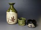 Okuiso Taigaku (b. 1965) Oribe Sake set Japanese Studio Pottery