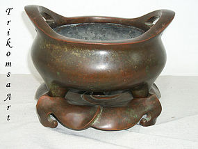 Large Chinese Bronze Censer w/ Stand Qing Dynasty