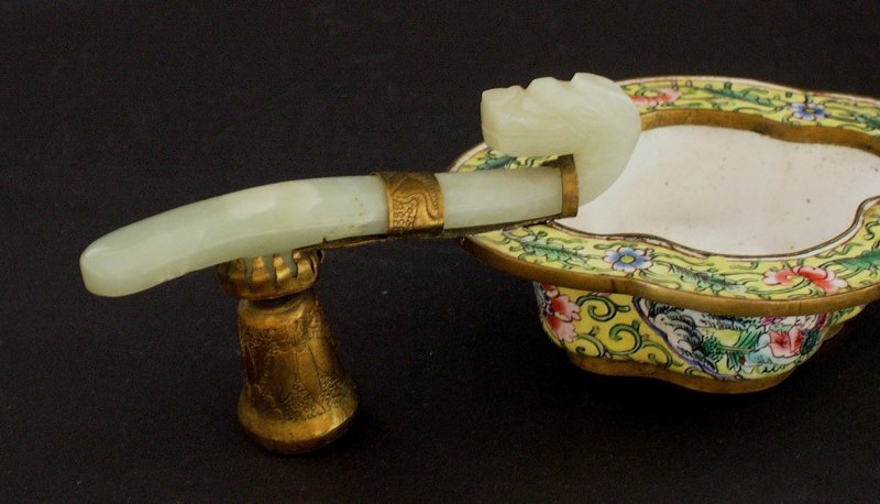 Chinese enamelled cups with jade belt hook handles