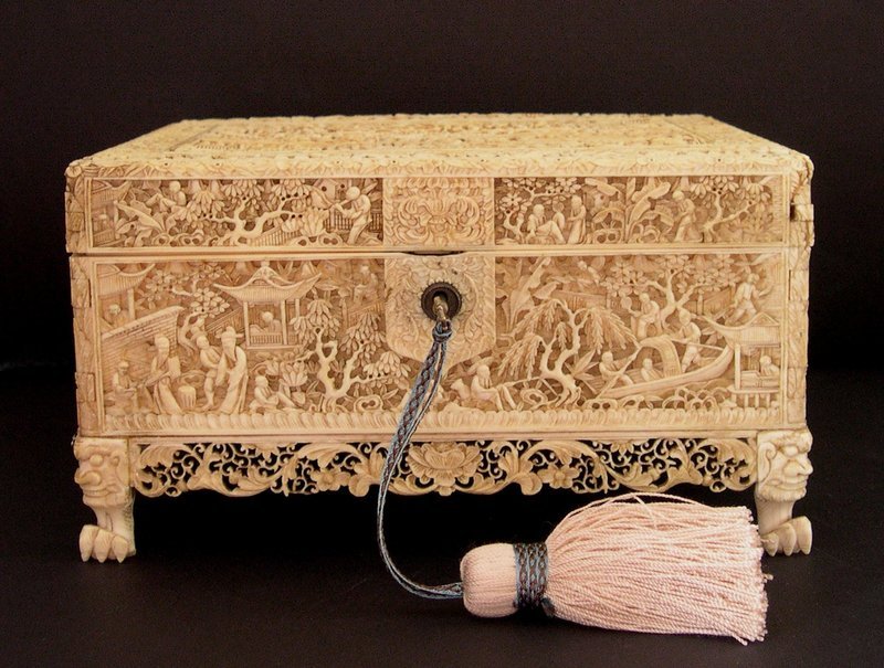 Chinese ivory sewing box mounted with fantastic panels