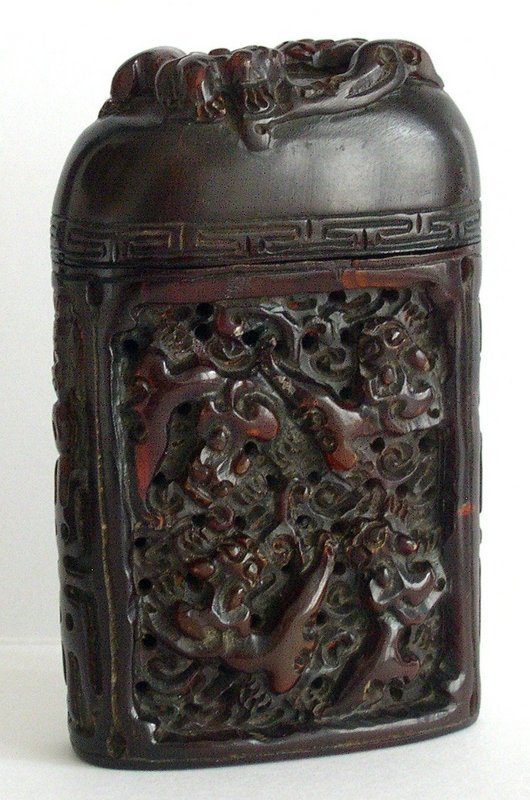 Chinese buffalo horn box with dragon and shou carving