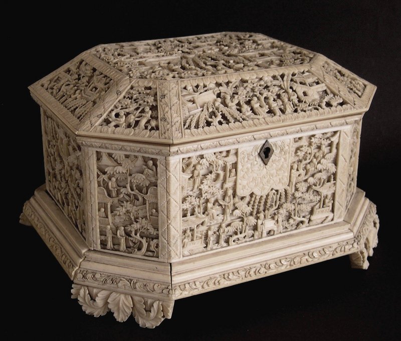 Chinese ivory octagonal casket with deep carved panels