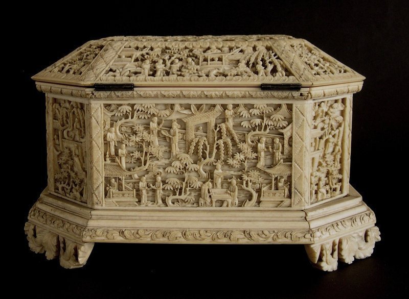 Chinese ivory octagonal casket with deep carved panels