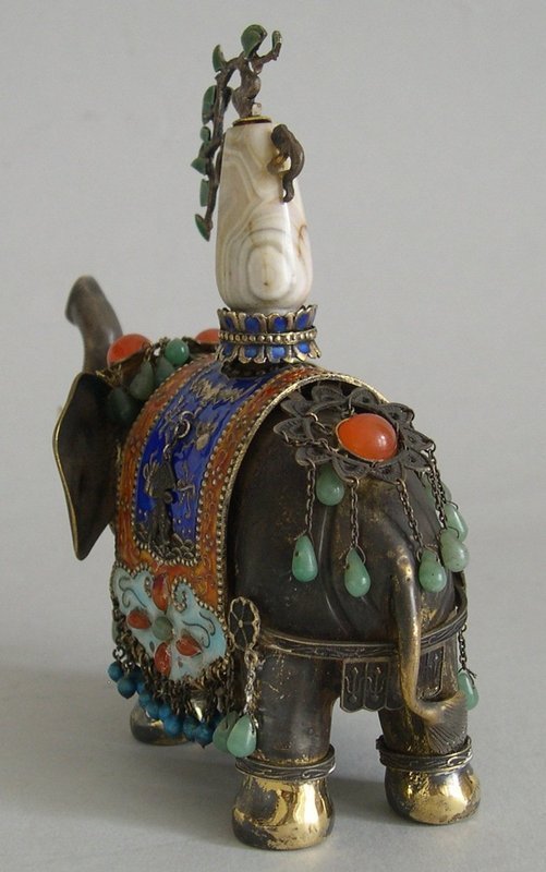 Chinese silver gilt elephant enamel and jade decorated