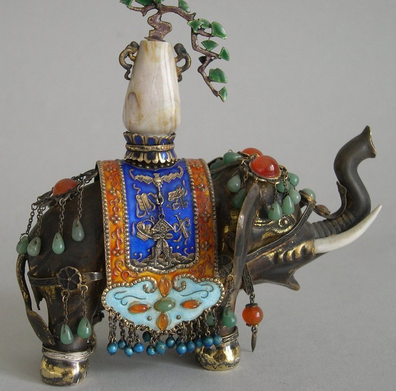 Chinese silver gilt elephant enamel and jade decorated