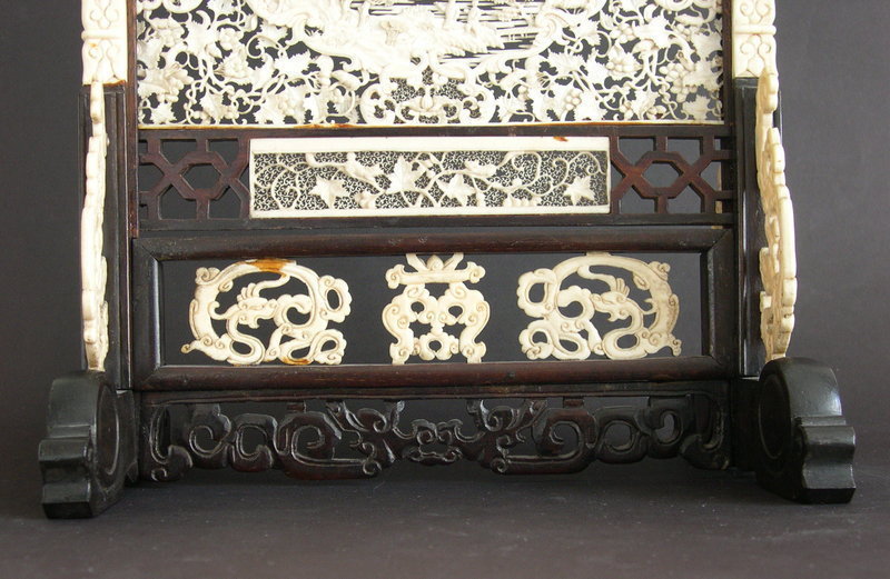 Chinese ivory table screen with rare pierced carving