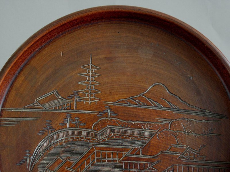 Japanese cherry wood tea tray with incised decoration