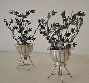 Chinese pair of small silver and enamel planters