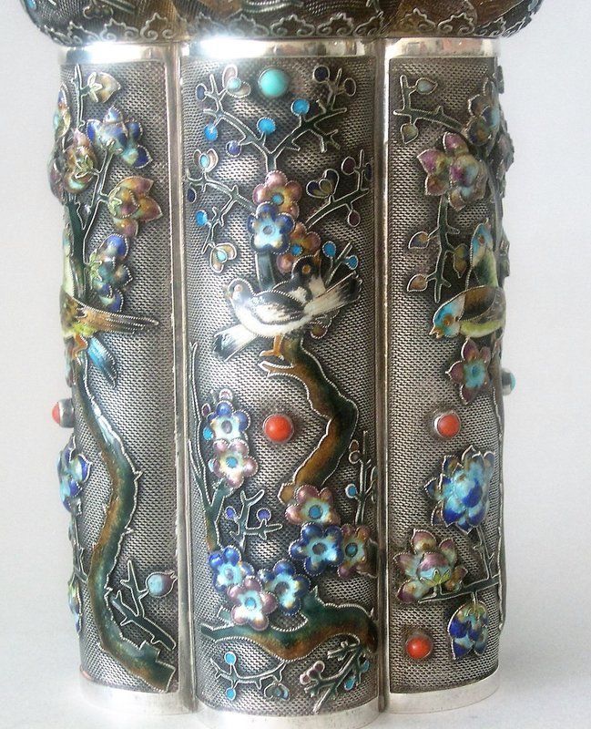 Chinese enameled silver caddy