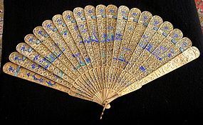 Chinese silver gilt enameled fan