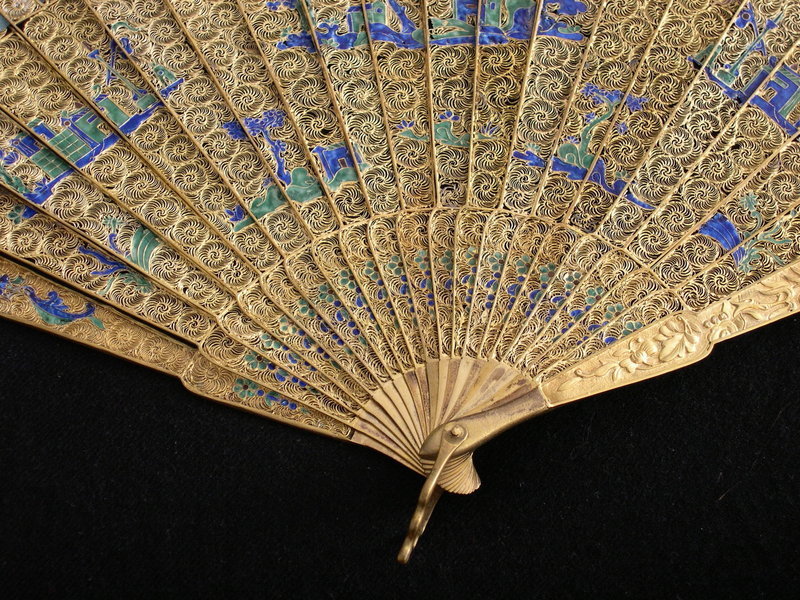 Chinese silver gilt enameled fan