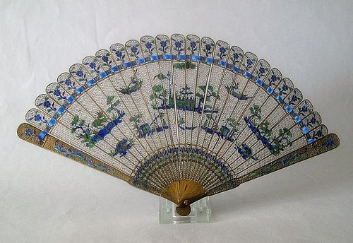Chinese gilt silver and enamel fan
