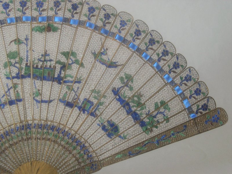 Chinese gilt silver and enamel fan