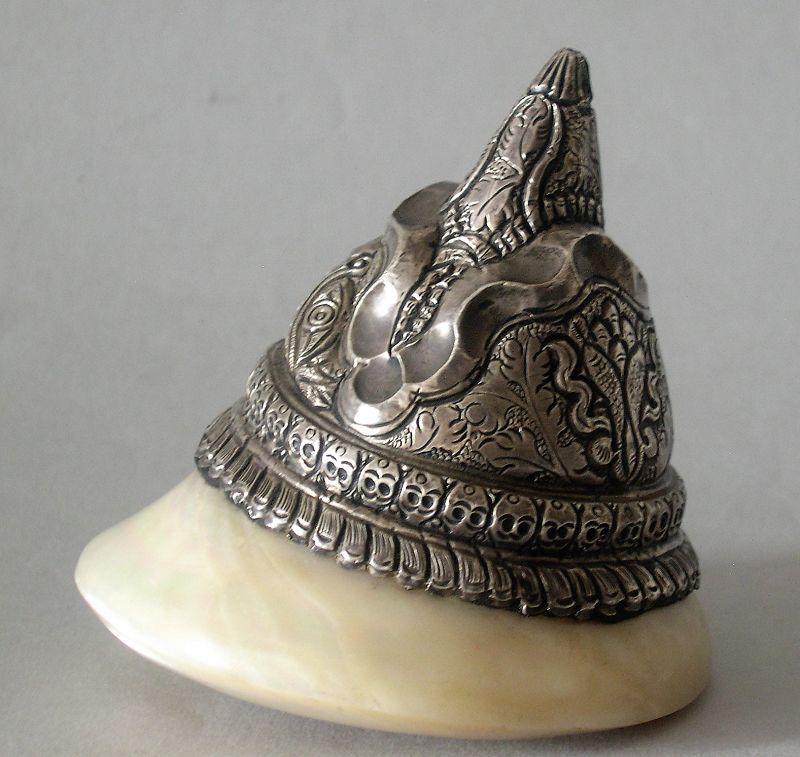 Tibetan silver and mother of pearl conch Buddhist portrait