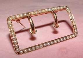 Victorian14K Yellow Gold Buckle Pin Brooch w Pearls