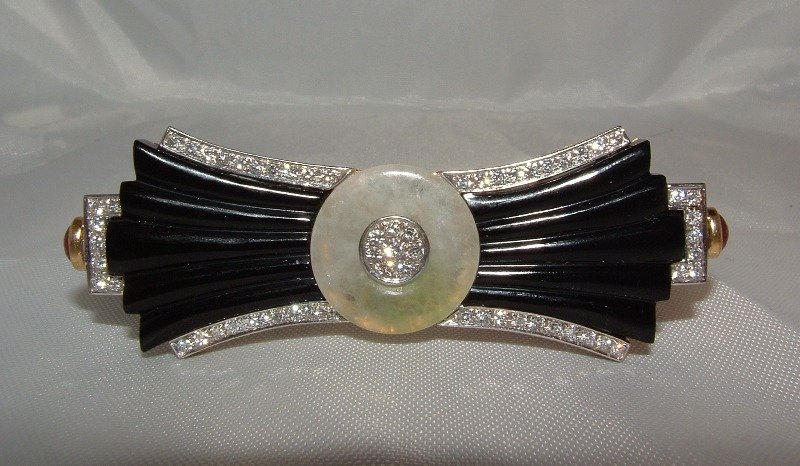 18K Art Deco Onyx Diamond Jade Ruby Brooch