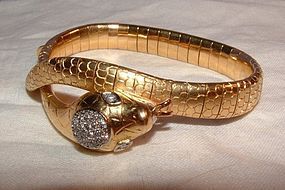 Art Deco 18K Yellow Gold Diamond Snake Bracelet